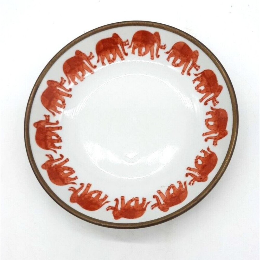 Vtg Horchow Decorative Brass Encased Porcelain Bowl Red Elephant Parade Design